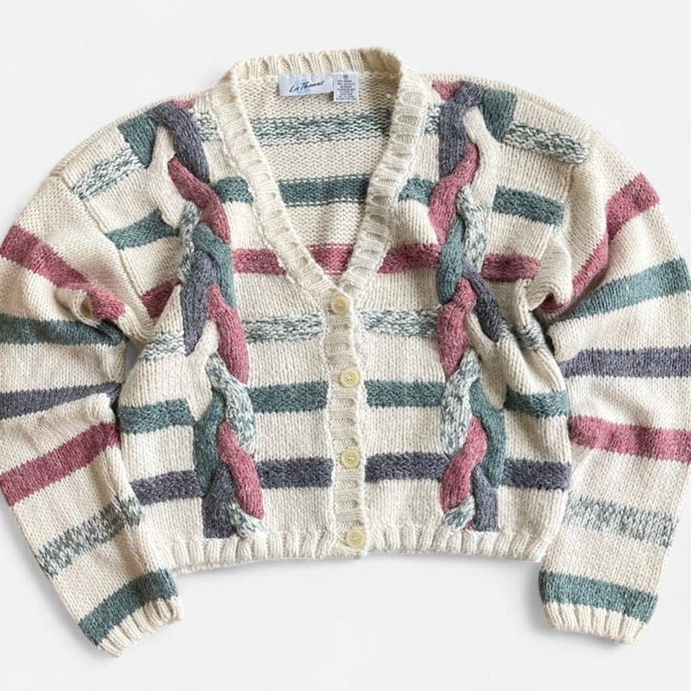 Vintage Liz Thomas Chunky Knit Button Front V-Neck Cardigan Sweater Cream Pink